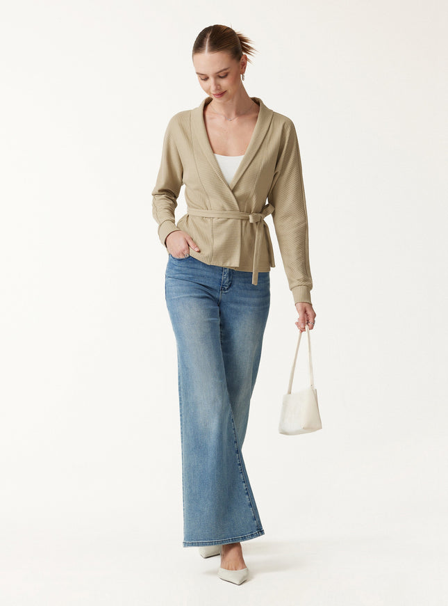 Textured Cotton Blend Lapel Belted Open-Front Jacket