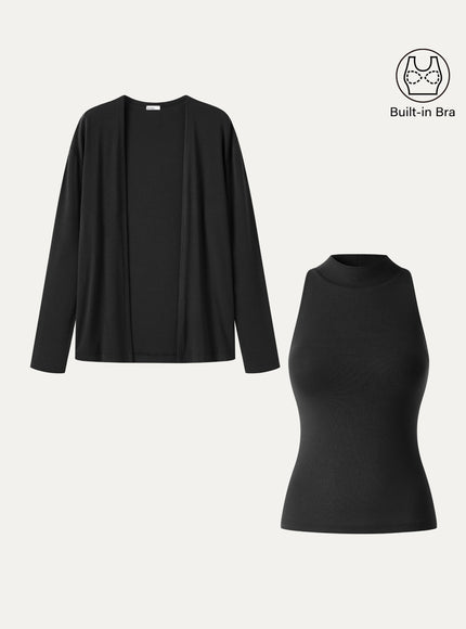 2Pcs Set Mock Neck Built-In Bra Top & Open-Front Long Sleeve Cardigan