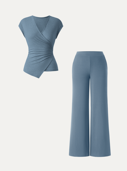 2Pcs Set Lyocell Wool Surplice Cap Sleeve Top & Mid Rise Wide Leg Pants with Pockets