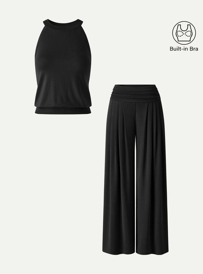 2Pcs Set Halter Neck Built-In Bra Tank & Tucked Pant with Pockets