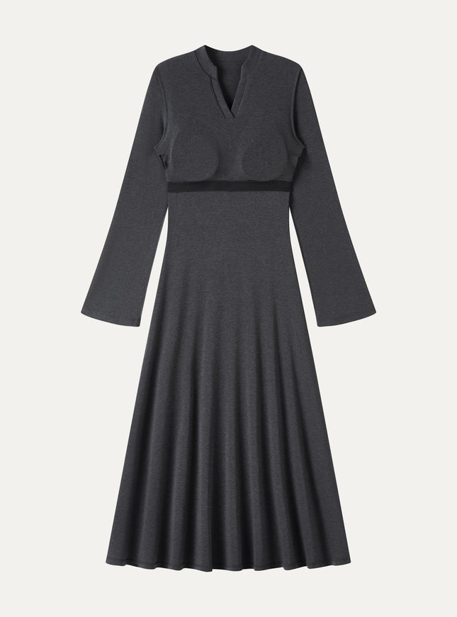 V-Neck Long Sleeve Flowy Midi Built-In Bra Dress