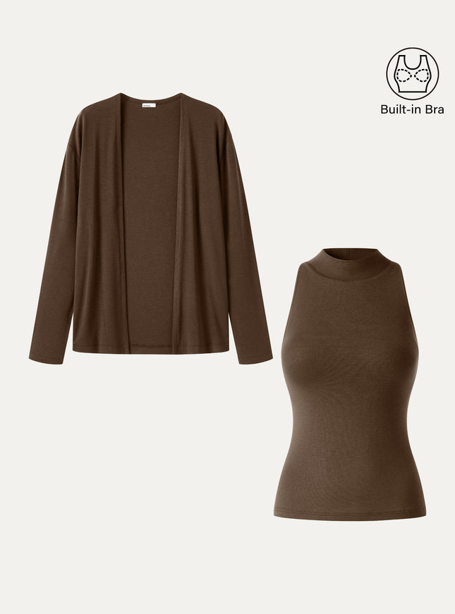 2Pcs Set Mock Neck Built-In Bra Top & Open-Front Long Sleeve Cardigan