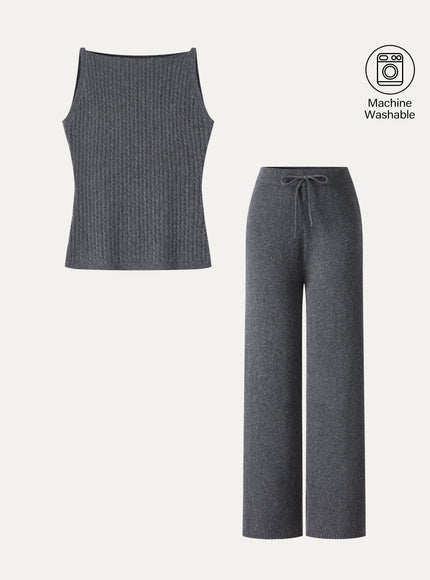 2Pcs Set Sleeveless Cable-Knit Sweater Tank & Drawstring Wide-Leg Knit Pants