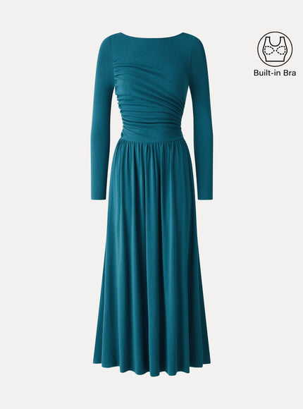Boatneck Long Sleeve Ruched Maxi Built-In Bra Dress with Pockets