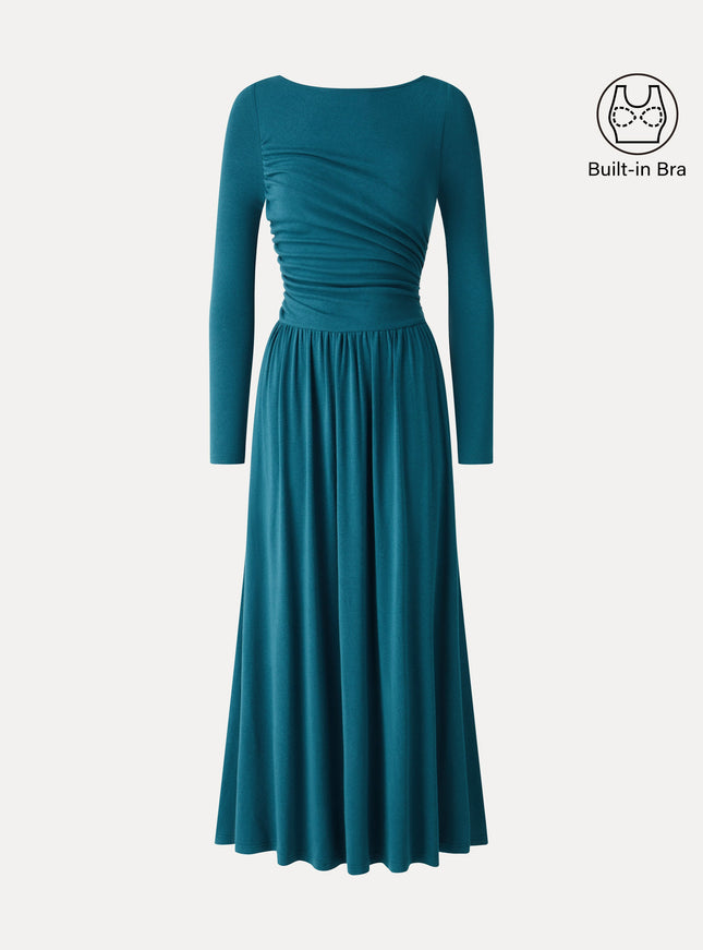 Boatneck Long Sleeve Ruched Maxi Built-In Bra Dress with Pockets