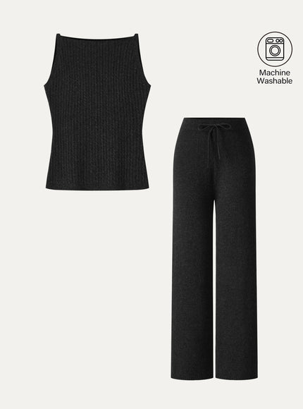 2Pcs Set Sleeveless Cable-Knit Sweater Tank & Drawstring Wide-Leg Knit Pants