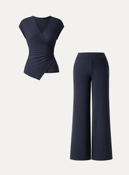 2Pcs Set Lyocell Wool Surplice Cap Sleeve Top & Mid Rise Wide Leg Pants with Pockets