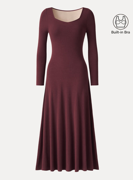 Diamond Neck Long Sleeve Drapey Maxi Built-In Bra Dress