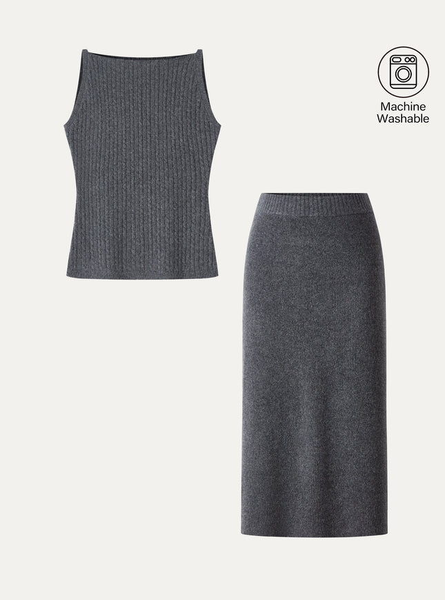 2Pcs Set Merino-Blend Sleeveless Sweater Tank & Merino-Blend Knit Skirt