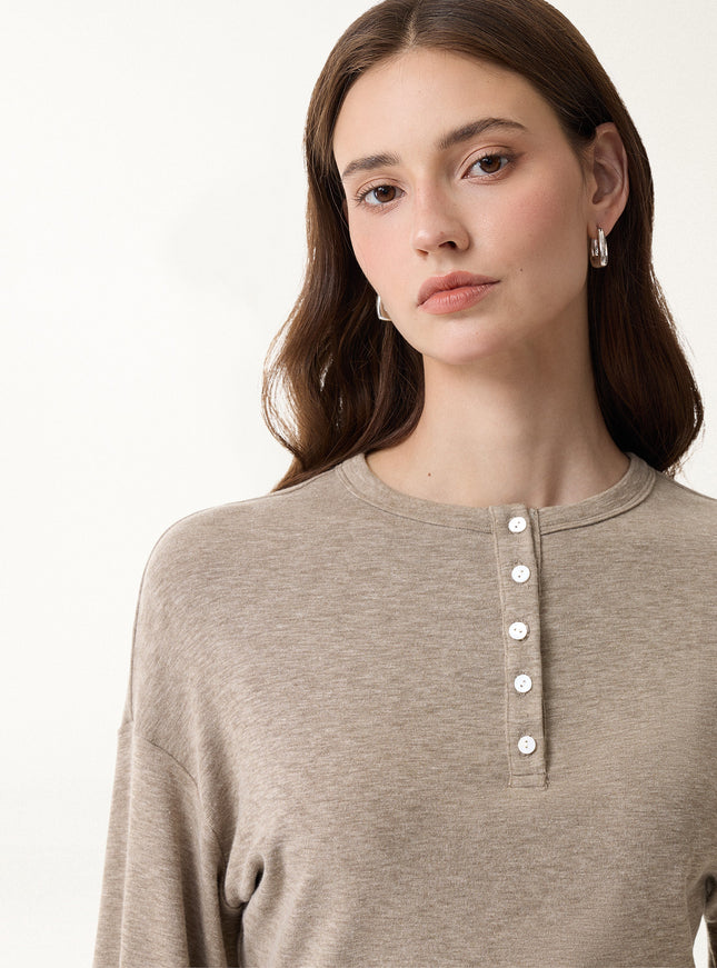 Slub Ribbed Henley Neck Batwing Sleeve Close-Fit Hem Top