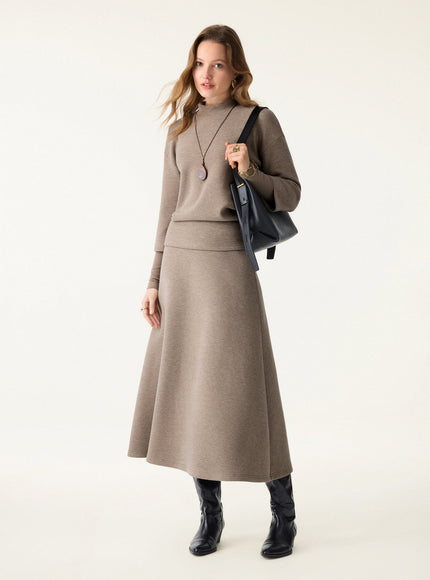 2Pcs Set Mockneck Sleeve-Warmer Top & Midi A-line Circle Skirt