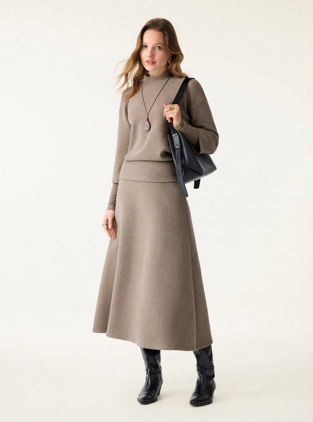 2Pcs Set Mockneck Sleeve-Warmer Top & Midi A-line Circle Skirt