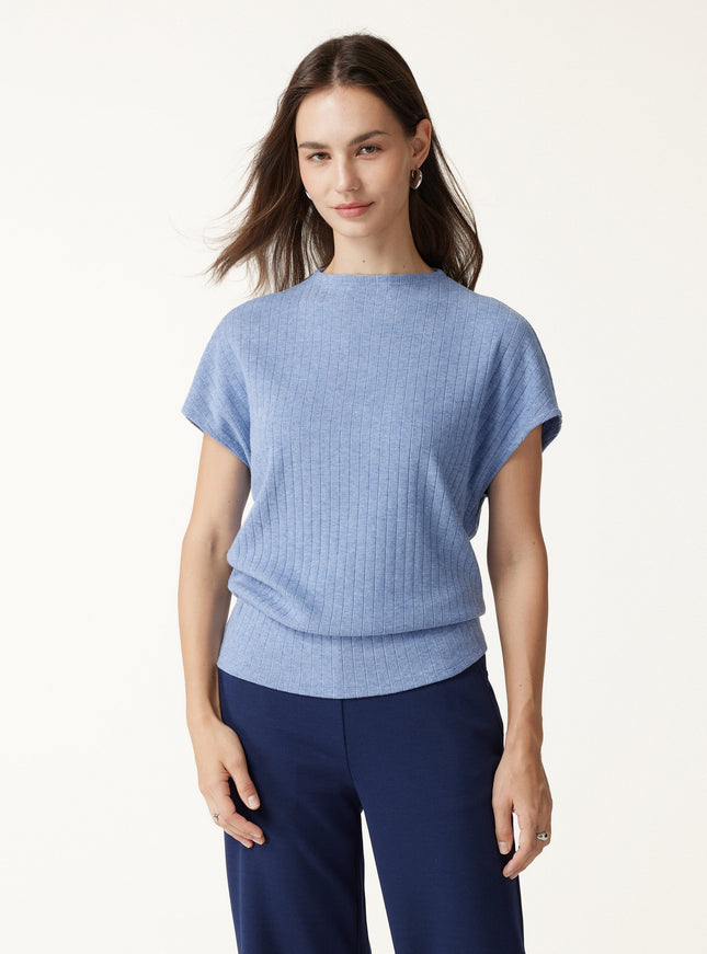 MaxWarm Wide Ribbed Mock Neck Cap Sleeve Banded Hem Top
