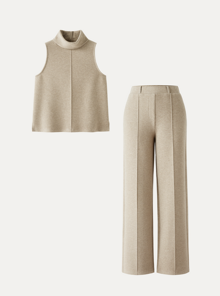 2Pcs Set Tall Turtle Neck Split Hem Top & High Waisted Warm Straight Leg Pull On Pant