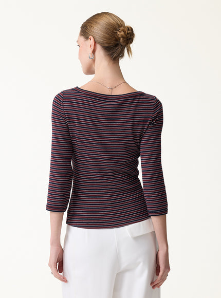 Striped Parisian Boatneck 3/4 Sleeve Built-In Bra Top