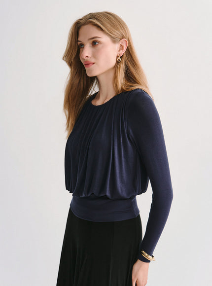 Lyocell-Wool Round Neck Long Sleeve Tucked Built-In Bra Top