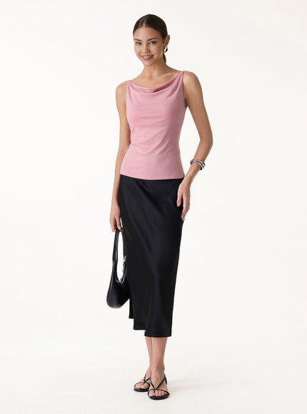 Stretch Linen Cowl Neck Built-In Bra Tank
