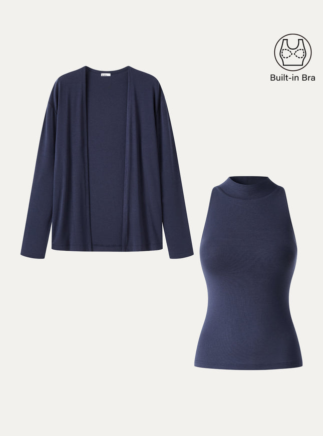 2Pcs Set Mock Neck Built-In Bra Top & Open-Front Long Sleeve Cardigan