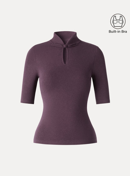 Teardrop Neck Elbow Sleeve Built-In Bra Top