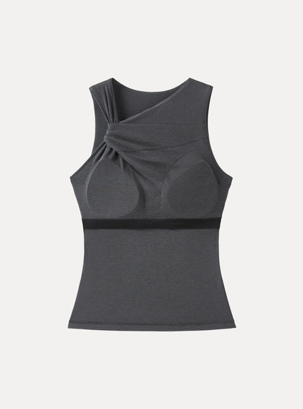 Sweat-Wicking Asymmetrical Neck Knotted Built-In Bra Tank