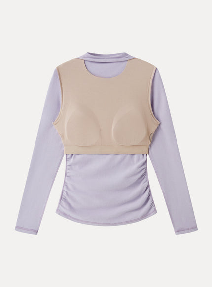 Mock Neck Long Sleeve Ruched Built-In Bra Top
