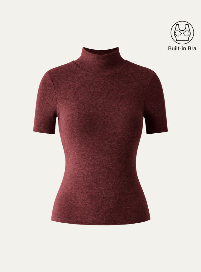 Soft Thermal Mockneck Short Sleeve Built-In Bra Top