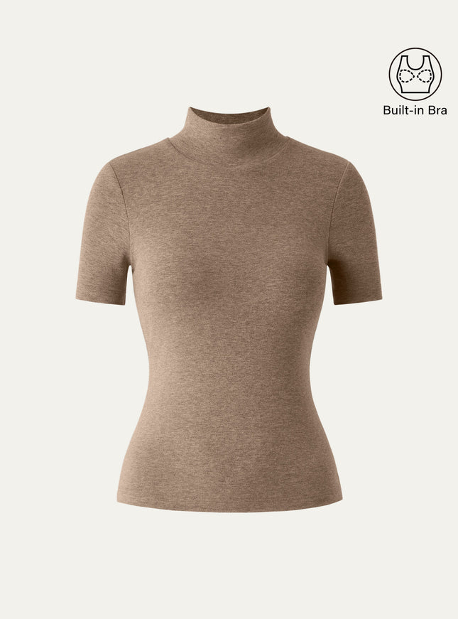 Soft Thermal Mockneck Short Sleeve Built-In Bra Top