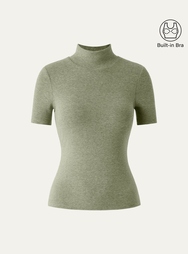 Soft Thermal Mockneck Short Sleeve Built-In Bra Top