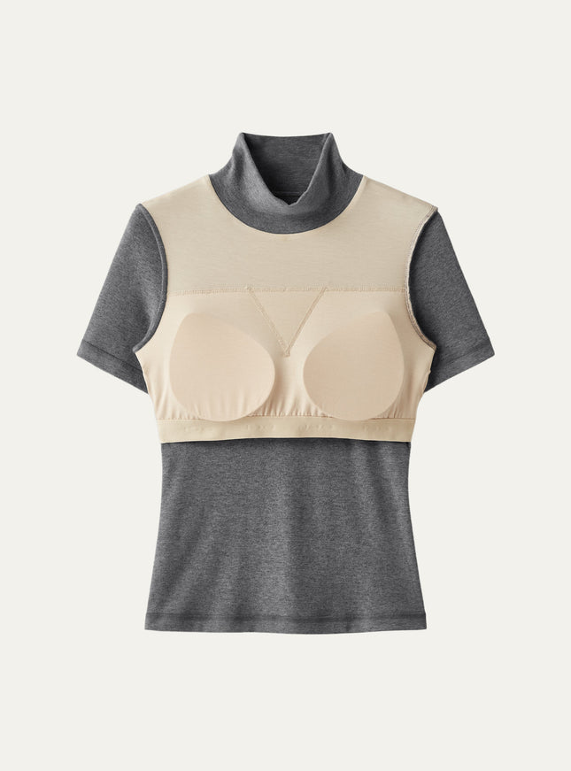 Soft Thermal Mockneck Short Sleeve Built-In Bra Top