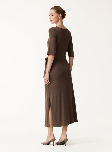 Slub Ribbed Round Neck Elbow Sleeve Tie-Waist Midi Dress