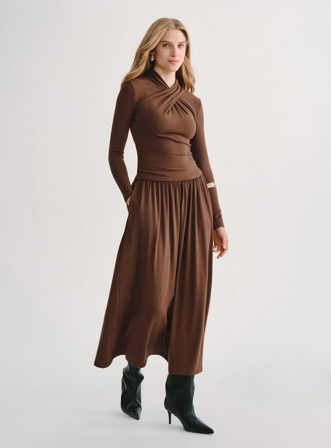 2Pcs Set Mockneck Long Sleeve Top & Mid-Rise A-Line Midi Skirt with Pockets