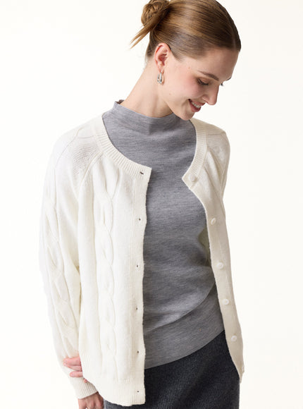 Merino-Blend Cable-Knit Crew Neck Long Sleeve Cardigan