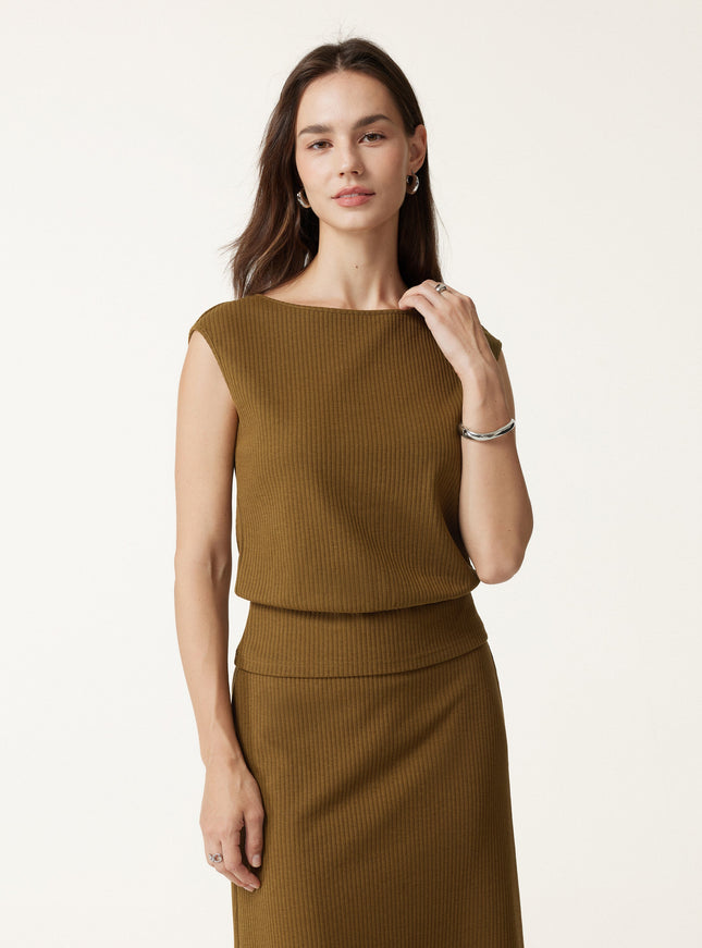 2Pcs Set Boatneck Sleeveless Top & Mid-Rise A-Line Midi Skirt