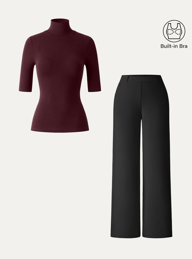 2Pcs Set Turtleneck Built-In Bra Tops & High Rise Wide Leg Pant