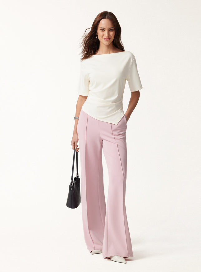 Cotton Blend Boatneck Elbow Sleeve Asymmetrical Tucked Top