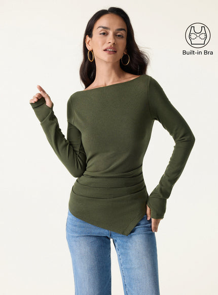 Boatneck Side Tucks Asymmetrical Built-In Bra Top