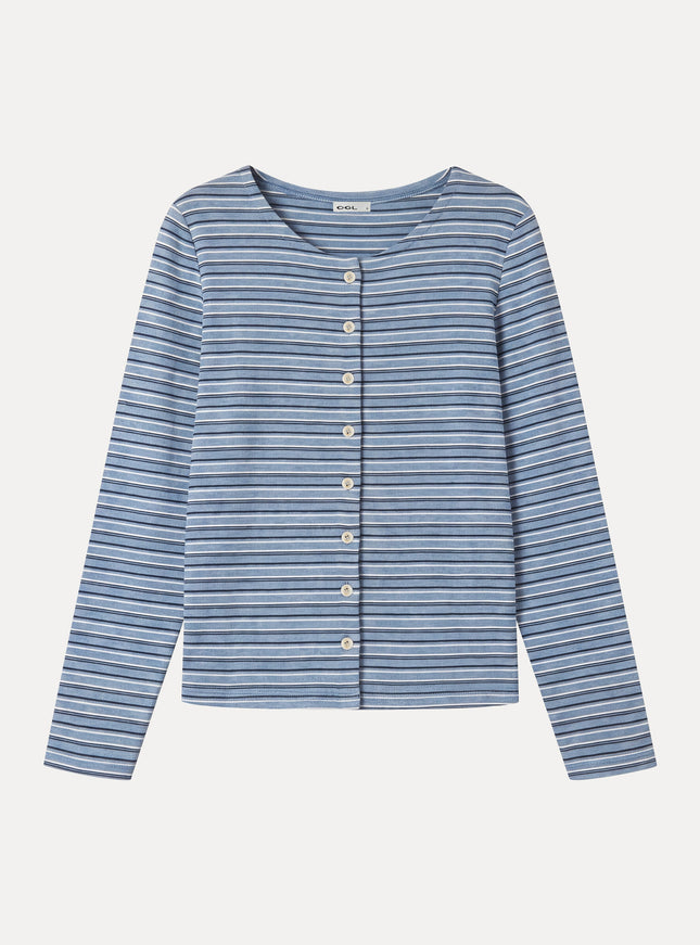 Stripe Round Neck Long Sleeve Button-Up Cardigan