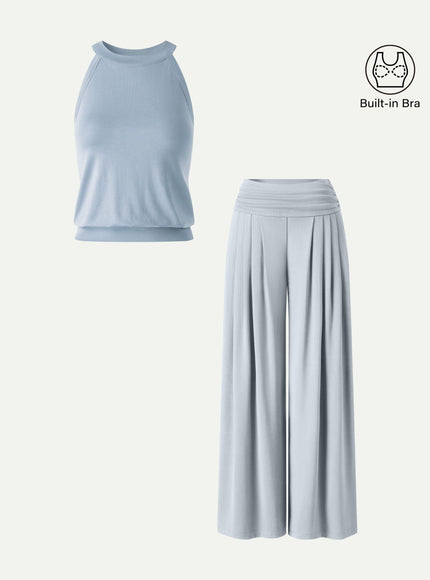 2Pcs Set Halter Neck Built-In Bra Tank & Tucked Pant with Pockets