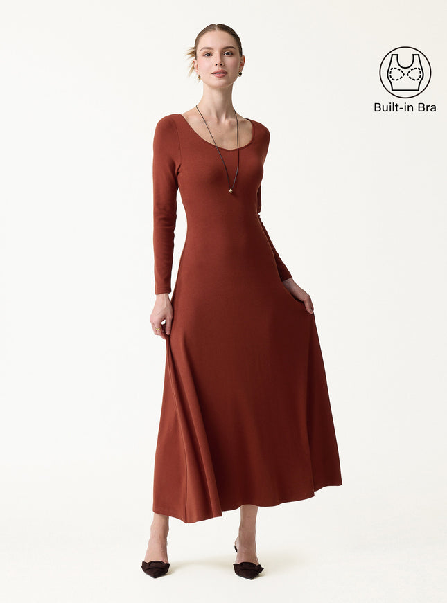 Diamond Neck Long Sleeve Drapey Maxi Built-In Bra Dress