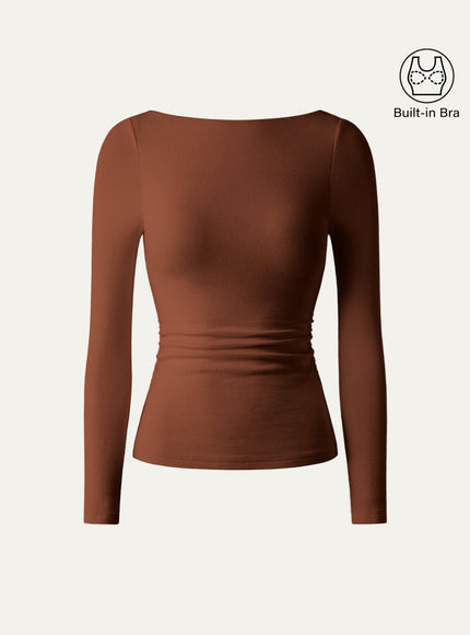 Boatneck Long Sleeve Open-Back Ruched Built-In Bra Top