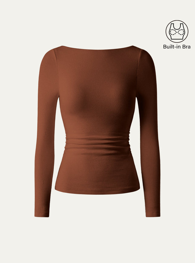 Boatneck Long Sleeve Open-Back Ruched Built-In Bra Top
