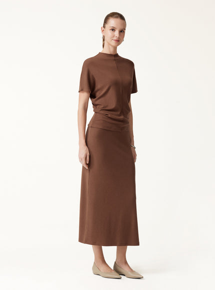 2Pcs Set Mock Neck Cap Sleeve Seamed Top & Mid-Rise Column Midi Skirt