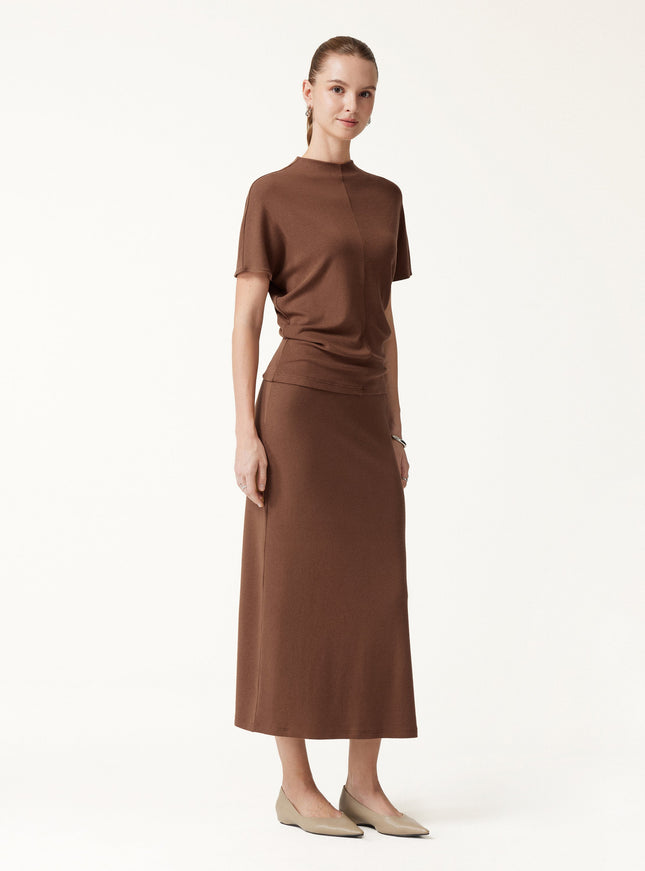 2Pcs Set Mock Neck Cap Sleeve Seamed Top & Mid-Rise Column Midi Skirt