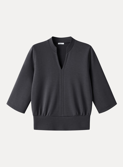 Lyocell Spacer Knit V-Neck Elbow Sleeve Banded Top