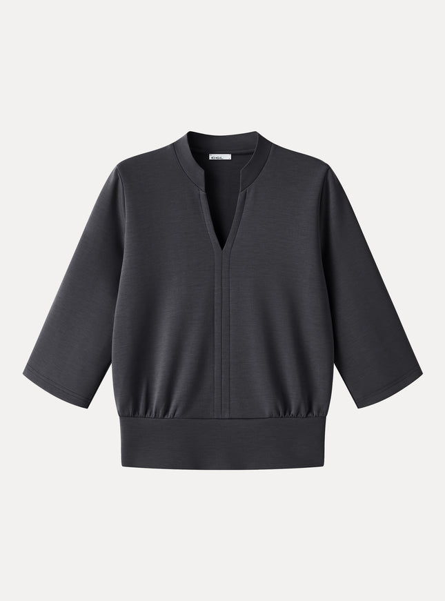 Lyocell Spacer Knit V-Neck Elbow Sleeve Banded Top