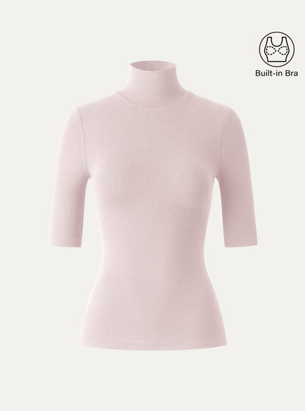 Essential Turtleneck Elbow Length Sleeve Built-In Bra Top - Midnight Navy