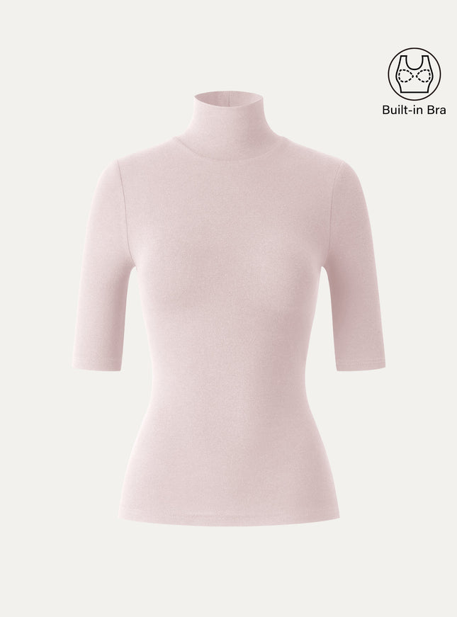 Essential Turtleneck Elbow Length Sleeve Built-In Bra Top - Midnight Navy