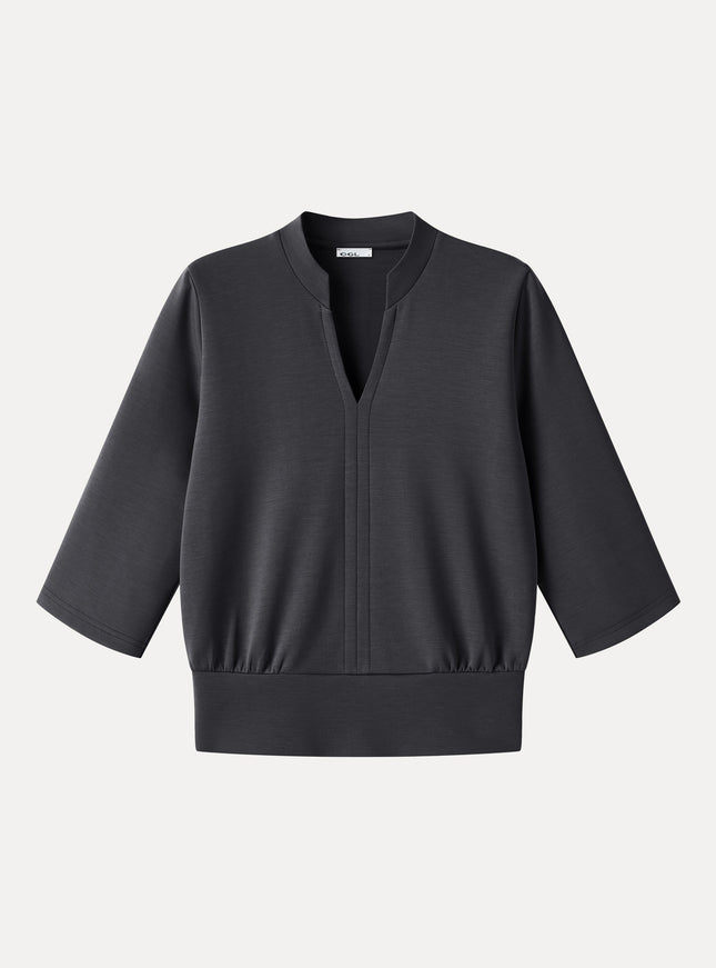 Lyocell Spacer Knit V-Neck Elbow Sleeve Banded Top