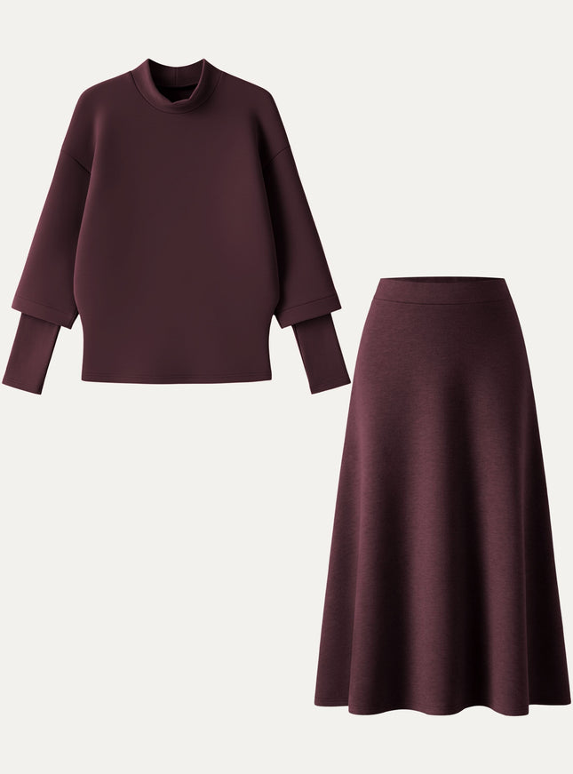 2Pcs Set Mockneck Sleeve-Warmer Top & Midi A-line Circle Skirt