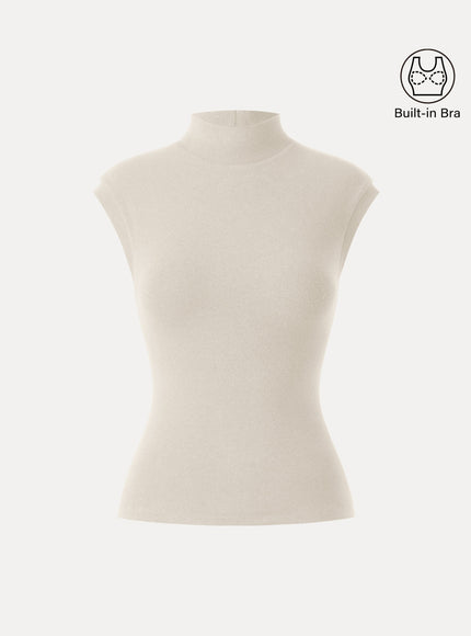 Stretch Cotton Mock Neck Cap Sleeve Built-In Bra Top